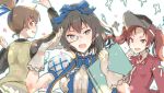  3girls arms_up artist_name bangs black_eyes black_hair black_shirt blue_dress blue_neckwear blue_ribbon blush bow bowtie brown_eyes brown_hair collared_shirt commentary_request cosplay djeeta_(granblue_fantasy) djeeta_(granblue_fantasy)_(cosplay) dress eyebrows_visible_through_hair fang folder from_behind girls_und_panzer gloves granblue_fantasy grey-framed_eyewear hair_ribbon headgear holding kadotani_anzu kantai_collection kawakami_mai kawakami_mai_(cosplay) kawashima_momo kimi_to_boku_no_mirai koyama_yuzu long_hair long_sleeves looking_at_viewer looking_back magatama miniskirt monocle multiple_girls musaigen_no_phantom_world open_mouth parted_bangs petals pink_shirt pleated_skirt puffy_sleeves red_eyes red_hair ribbon ryuujou_(kantai_collection) ryuujou_(kantai_collection)_(cosplay) salute semi-rimless_eyewear shikigami shirt short_hair short_ponytail signature skirt smile standing sweater_vest twintails umiu_(hoge) under-rim_eyewear vest white_gloves white_ribbon white_shirt white_skirt wing_collar yellow_vest 