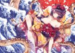  blue_eyes breasts calligraphy_brush commentary_request fate/grand_order fate_(series) flower gevjon hair_flower hair_ornament hairpin highres holding holding_paintbrush ink japanese_clothes katsushika_hokusai_(fate/grand_order) kimono large_breasts off_shoulder paintbrush purple_hair solo tentacles waves 