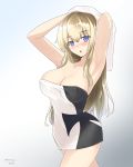  blonde_hair blue_eyes breasts carmine_(ucdio) cleavage commentary_request cowboy_shot drying drying_hair gradient gradient_background graf_zeppelin_(kantai_collection) graphite_(medium) highres kantai_collection large_breasts long_hair open_mouth sidelocks simple_background solo towel traditional_media 