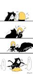  &gt;:( 4koma androgynous animal_ears black_hair black_neckwear black_shorts blonde_hair blush_stickers bob_cut bort cat_ears cattail closed_eyes collared_shirt comic dgan_1011 elbow_gloves gem_uniform_(houseki_no_kuni) gloves houseki_no_kuni kemonomimi_mode long_hair multiple_others necktie plant puffy_short_sleeves puffy_sleeves shirt short_hair short_shorts short_sleeves shorts smile squatting thighhighs translated v-shaped_eyebrows yellow_diamond_(houseki_no_kuni) yellow_eyes 