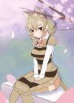  apron blush bow bowtie cherry_blossoms commentary commentary_request eyebrows_visible_through_hair flower hands_on_lap highres kemono_friends light_brown_hair long_sleeves multicolored_hair short_hair shorts sitting smile striped svelgr_(hre) tears thighhighs thylacine_(kemono_friends) thylacine_ears thylacine_tail white_hair 