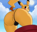  absurd_res anthro anus balls big_butt butt clothing hi_res low-angle_view male nintendo penis perineum pikachu pok&eacute;mon pok&eacute;mon_(species) presenting ruruduu smile solo thong video_games 