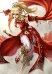  :o arm_blade blonde_hair blue_eyes breasts cleavage commentary_request detached_sleeves earrings final_fantasy final_fantasy_xiv gauntlets highres jewelry large_breasts leg_up long_hair lyse_hext necklace ponytail ryou_(pix_gallerio) single_gauntlet solo weapon 