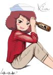  artist_name bangs beer_bottle blush_stickers brown_pants bukkuri casual character_name cursive dixie_cup_hat from_side girls_und_panzer hat holding long_sleeves looking_at_viewer military_hat open_mouth pants red_eyes red_hair red_shirt rum_(girls_und_panzer) shirt short_hair signature simple_background sitting sketch smile solo white_background white_hat 