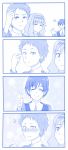 2boys 4koma :d :o absurdres alternate_hairstyle blue blush closed_eyes comic commentary_request darling_in_the_franxx embarrassed hairband hand_up highres hiro_(darling_in_the_franxx) kokoro_(darling_in_the_franxx) long_hair long_sleeves looking_at_another looking_at_viewer male_focus mitsuru_(darling_in_the_franxx) monochrome multiple_boys nose_blush open_mouth smile sparkle thumbs_up uniform viperxtr waving wide-eyed yaoi 