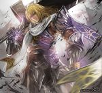  armor belt blonde_hair castle commentary_request crotch_plate faulds gauntlets gloves green_eyes holding holding_sword holding_weapon male_focus moreshan pauldrons scar scarf siegfried_schtauffen solo soulcalibur soulcalibur_vi sword sword_behind_back weapon zweihander 