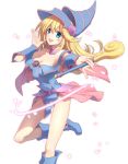  bare_shoulders blonde_hair blue_eyes blue_footwear blush_stickers boots breasts chocofox choker cleavage commentary_request dark_magician_girl duel_monster hat highres large_breasts long_hair magician pentacle solo staff wizard_hat yuu-gi-ou yuu-gi-ou_duel_monsters 