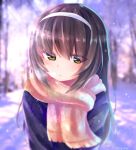  bangs black_hair blue_coat blurry blurry_background brown_eyes closed_mouth commentary_request day eyebrows_visible_through_hair eyes_visible_through_hair girls_und_panzer hairband light_frown long_hair looking_at_viewer outdoors pink_scarf reizei_mako scarf snowflakes solo standing sunlight upper_body white_hairband winter_clothes yunagi_(arukumaruta) 