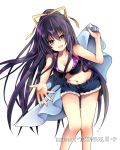  :d bangs black_bikini_top blue_shorts blush breasts cleavage collarbone date_a_live eyebrows_visible_through_hair floating_hair fur_trim hair_between_eyes hair_ribbon hibiki_mio holding leaning_forward long_hair looking_at_viewer medium_breasts navel open_mouth outstretched_arm ponytail purple_eyes purple_hair ribbon shiny shiny_skin short_shorts shorts simple_background smile solo standing stomach very_long_hair white_background yatogami_tooka yellow_ribbon 