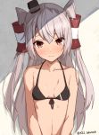  amatsukaze_(kantai_collection) bangs bare_shoulders bikini bikini_top black_bikini blush breasts brown_eyes closed_mouth collarbone commentary_request eyebrows_visible_through_hair front-tie_bikini front-tie_top hair_between_eyes hair_tubes hat highres kantai_collection long_hair looking_at_viewer mini_hat navel revision sidelocks silver_hair small_breasts smokestack smokestack_hair_ornament solo swimsuit takanashi_kei_(hitsujikan) twitter_username two_side_up underwear upper_body very_long_hair windsock 