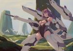  alice_gear_aegis armor bare_shoulders bigrbear bird boots breasts cannon closed_mouth cloud cloudy_sky day dove flock headgear highres large_breasts legs_apart leotard long_hair looking_at_viewer md5_mismatch mecha_musume nikotama_mai outdoors purple_eyes purple_hair science_fiction sky smile solo space_craft standing underboob 