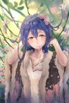  bangs bird blue_hair blush closed_mouth commentary_request eyebrows_visible_through_hair floral_print flower fur_trim hair_between_eyes hair_flower hair_ornament hair_tucking hand_in_hair highres long_hair looking_at_viewer love_live! love_live!_school_idol_project mouth_hold solo sonoda_umi upper_body yellow_eyes zhong_er_bing 