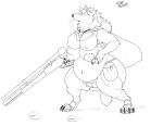  4_breasts anthro belly breasts butt canine cape clothing female gun jewelry mammal multi_breast nipples overweight ranged_weapon rifle riis weapon wolf 