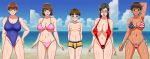  ! 1boy 4girls areolae black_hair blush breasts cloud collarbone directional_arrow eyebrows eyebrows_visible_through_hair heart multiple_girls navel nipples pink_clothes pubic_hair sky source_request star striped teeth 