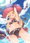  ;d absurdres armpits arms_up ass_visible_through_thighs bad_id bad_pixiv_id bangs bat bat_hair_ornament bikini black_bikini blonde_hair blue_sky cloud day dutch_angle eyebrows_visible_through_hair fangs flower food from_below fruit gradient_hair granblue_fantasy hair_between_eyes hair_ornament hat highres horizon long_hair looking_at_viewer looking_down motion_lines multicolored_hair navel ocean one_eye_closed open_mouth outdoors red_eyes red_flower red_hat red_rose red_wings rose shingeki_no_bahamut sky smile solo straw_hat sun swimsuit vampy very_long_hair water watermelon white_hat wings zetsuriinu_(kairyougata) 