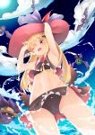  ;d absurdres armpits arms_up ass_visible_through_thighs bad_id bad_pixiv_id bangs bat bat_hair_ornament bikini black_bikini blonde_hair blue_sky cloud commentary_request day dutch_angle eyebrows_visible_through_hair fangs flower food from_below fruit gradient_hair granblue_fantasy hair_between_eyes hair_ornament hat highres horizon long_hair looking_at_viewer looking_down motion_lines multicolored_hair navel ocean one_eye_closed open_mouth outdoors red_eyes red_flower red_hat red_rose red_wings rose shingeki_no_bahamut sky smile solo straw_hat sun swimsuit vampy very_long_hair water watermelon white_hat wings zetsuriinu_(kairyougata) 