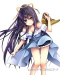  bangs blue_dress blue_shorts breasts cleavage collarbone date_a_live dress eyebrows_visible_through_hair floating_hair fur_trim hair_between_eyes hair_ribbon hibiki_mio holding holding_shoes leaning_forward long_hair looking_at_viewer medium_breasts ponytail purple_eyes purple_hair ribbon shiny shiny_skin shoes short_shorts short_sleeves shorts simple_background smile solo standing very_long_hair white_background yatogami_tooka yellow_ribbon 