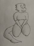  2018 anthro black_and_white clothed clothing drawing female front_view full-length_portrait invalid_tag lizard looking_away monochrome nervous portrait reptile scalie shirt shy simple_background sitting snekkobean solo thick_thighs worried 