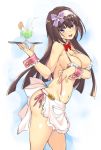  apron bow bowtie breasts brown_hair fate/grand_order fate_(series) from_side hairband holding holding_plate large_breasts long_hair looking_at_viewer maid_bikini navel open_mouth osakabe-hime_(fate/grand_order) plate purple_eyes shirokuma_a solo waist_apron wrist_cuffs 