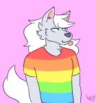  anthro clothing doopcity male pink_background pretty_cure rainbow_shirt shirt simple_background solo t-shirt tongue tongue_out wolfrun 