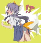  1girl animal_ears arm_at_side ass bangs bare_arms bare_shoulders blue_sky blush blush_stickers bow clannad cowboy_shot cropped_legs eyebrows eyebrows_visible_through_hair eyes_visible_through_hair fox_ears fox_tail from_behind fujibayashi_kyou hair_between_eyes hair_bow hair_intakes hair_tubes hand_up high-waist_skirt highres hikarizaka_private_high_school_uniform home_(houmei) inconvenient_tail kemonomimi_mode long_hair looking_back multiple_tails open_mouth panties pink_ribbon ribbon sailor_collar school_uniform serafuku shirt skirt sky solo straight_hair tail tongue underwear v-shaped_eyebrows white_bow white_panties white_sailor_collar white_shirt 
