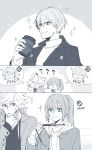  88_(einnimnech) ?? chin_stroking coffee_cup comic cup disposable_cup earrings enkidu_(fate/strange_fake) fate/grand_order fate_(series) gilgamesh gilgamesh_(caster)_(fate) green_eyes highres jacket jewelry male_focus merlin_(fate) multiple_boys multiple_persona necklace ponytail purple_eyes red_eyes silent_comic sparkle sweater thought_bubble 