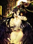  1girl ainz_ooal_gown albedo black_hair black_wings breasts commentary_request demon_girl demon_horns demon_wings detached_collar dress feathered_wings feathers gloves hair_between_eyes hands_on_own_face highres hip_vent hood horns large_breasts lich long_hair low_wings mozuyun overlord_(maruyama) skeleton skull slit_pupils smile standing white_dress white_gloves wings yellow_eyes 