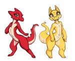  2018 3_toes 4_fingers ambiguous_gender anthro blush claws digital_media_(artwork) duo horn kobold lizard looking_at_viewer nude pink_eyes red_claws red_scales reptile scales scalie simple_background smile sorcerushorserus spiked_tail standing toes white_background yellow_eyes yellow_scales 