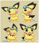  2015 ambiguous_gender anthro black_fur brown_background cookie eyewear food fur goggles green_eyes mostly_nude nintendo one_eye_closed open_mouth pichu pichu90 pok&eacute;mon pok&eacute;mon_(species) scarf simple_background smile solo standing video_games yellow_fur 