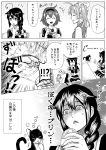  +++ 3girls :3 ^_^ ^o^ ahoge animal braid cat closed_eyes comic commentary_request greyscale hair_between_eyes hair_flaps hairband highres holding holding_spoon kagerou_(kantai_collection) kantai_collection long_hair monochrome multiple_girls munmu-san open_mouth pleated_skirt remodel_(kantai_collection) school_uniform serafuku shigure_(kantai_collection) shiratsuyu_(kantai_collection) shirt short_hair short_sleeves single_braid skirt smile speech_bubble spoon translated twintails unsinkable_sam vest 