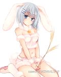  animal_ears arm_strap bangs belt breasts bunny_ears bunny_tail choker cleavage crop_top date_a_live eyebrows_visible_through_hair floating_hair fur_trim hair_between_eyes hair_ornament hairclip head_tilt hibiki_mio holding long_hair looking_at_viewer medium_breasts midriff navel paw_shoes shoes short_shorts shorts silver_hair simple_background sitting solo stomach strapless tail tobiichi_origami white_background white_footwear white_shorts 