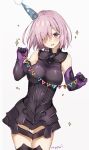  armor armored_dress artist_name bangs blush breasts commentary cowboy_shot elbow_gloves english_commentary eyebrows_visible_through_hair fate/grand_order fate_(series) faulds gloves hair_over_one_eye happy_birthday hat head_tilt highres holding impossible_clothes lavender_hair looking_at_viewer mash_kyrielight medium_breasts mochii open_mouth party_hat purple_eyes round_teeth simple_background smile solo sparkle standing teeth thighhighs white_background 