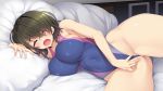  1girl bare_arms bare_legs bare_shoulders bed black_hair blush breasts censored covered_navel embarrassed erect_nipples eyes_closed fingering game_cg groin highres indoors large_breasts legs lying masturbation moaning mole mole_under_eye mosaic_censoring on_bed on_side open_mouth original pillow pussy pussy_juice shiny shiny_clothes short_hair solo swimsuit thighs tsurusaki_takahiro wet zutto_mae_kara_joshi_deshita 
