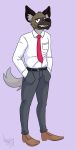  aggressive_retsuko clothed clothing doopcity dress_shirt fully_clothed gray_pants haida necktie purple_background sanrio shirt simple_background slacks white_shirt 