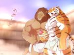  2017 5_fingers abs anthro biceps big_muscles biped black_fur black_stripes black_tail blue_sky brown_fur brown_mane brown_tail bucket bulge day detailed_background digital_media_(artwork) duo feline fur giraffe_(artist) hi_res holding_object japanese_text lam-chan lion lion-san male mammal mane multicolored_fur multicolored_tail muscular muscular_male naked_towel orange_eyes orange_fur orange_tail outside pecs pink_nose pubes rubber_duck signature sky standing steam striped_fur striped_tail stripes text tiger towel white_fur white_tail yellow_eyes 