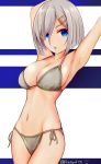  armpits arms_up bikini blue_eyes blue_stripes breasts cowboy_shot franz_(217franz) hair_ornament hair_over_one_eye hairclip hamakaze_(kantai_collection) highres kantai_collection large_breasts looking_at_viewer navel open_mouth short_hair side-tie_bikini silver_bikini silver_hair simple_background solo swimsuit twitter_username white_background 