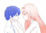  1boy 1girl black_hair breasts couple darling_in_the_franxx face-to-face hands_on_another&#039;s_face hiro_(darling_in_the_franxx) horns large_breasts long_hair looking_at_another multiple_monochrome oni_horns pale_skin pink_hair short_hair zero_two_(darling_in_the_franxx) 