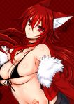  animal_ears bare_shoulders black_bra bra breasts claws dated eyebrows_visible_through_hair fox_ears fur_trim hair_between_eyes hand_up head_tilt jacket konshin large_breasts long_hair looking_at_viewer navel opera_the_vermelho original parted_lips red_background red_eyes red_hair red_jacket signature solo tattoo underwear 