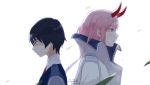  1girl black_hair blue_eyes coat commentary_request couple darling_in_the_franxx eyebrows_visible_through_hair green_eyes hair_ornament hairband highres hiro_(darling_in_the_franxx) horns kiiko_(kohiy) long_hair military military_uniform necktie oni_horns pink_hair red_horns red_neckwear signature uniform white_hairband zero_two_(darling_in_the_franxx) 