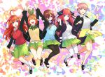  5girls ahoge bangs black_jacket black_legwear black_sweater blue_eyes blue_sweater blush bow breasts brown_hair clothes_around_waist eyes_closed fingernails go-toubun_no_hanayome green_skirt hair_between_eyes hair_ornament hair_ribbon hand_holding haruba_negi headphones headphones_around_neck highres jacket jumping long_hair medium_breasts multiple_girls nail_polish nakano_ichika nakano_itsuki nakano_miku nakano_nino nakano_yotsuba open_mouth orange_hair pantyhose pink_hair red_hair red_sweater ribbon school_uniform shirt short_hair skirt smile socks star star_hair_ornament sweater sweater_around_waist thighhighs white_legwear white_shirt yellow_sweater 