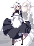  aika_(konshin) apron black_dress blush boots brown_footwear closed_mouth commentary_request dress fox_girl frilled_dress frills grey_hair hair_over_one_eye hand_up juliet_sleeves konshin long_sleeves looking_at_viewer maid maid_apron maid_headdress original pigeon-toed puffy_sleeves solo white_apron white_background zoom_layer 