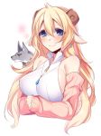  ahoge animal_ears bare_shoulders blonde_hair blue_eyes blush breasts commentary_request dated hair_between_eyes horns konshin large_breasts long_hair long_sleeves looking_at_viewer necktie original pink_ribbon ribbon sheep_ears sheep_horns sideboob signature sleeves_past_wrists smile solo upper_body white_background wolf 
