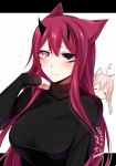  =_= ahoge animal_ears black_eyes black_sweater blush breasts closed_eyes closed_mouth dated embarrassed facial_mark flying_sweatdrops heart heterochromia horns konshin large_breasts letterboxed long_hair looking_at_viewer original pink_eyes red_hair ribbed_sweater signature smile sweater 