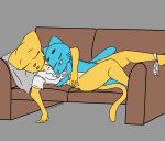  2018 after_sex age_difference anthro blue_fur bottomless breasts butt callmewritefag cartoon_network cat clothed clothing crossover digital_media_(artwork) duo eyes_closed feline female fur gumball_watterson hi_res katia_managan khajiit male male/female mammal nude panties panties_around_one_leg prequel size_difference sleeping sofa the_amazing_world_of_gumball the_elder_scrolls underwear underwear_around_one_leg video_games whiskers yellow_fur young 