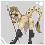  anthro anus breasts butt clothing female hybrid hyena loincloth mammal melee_weapon nipple_piercing nipples piercing polearm pussy solo spear standing tribal weapon xizzdot 