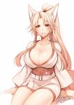  :d animal_ears bangs blonde_hair blush breasts cleavage dated fox_ears fox_tail huge_breasts konshin long_hair long_sleeves looking_at_viewer obi open_mouth original parted_bangs parted_lips ponytail red_eyes sash signature sitting smile solo tail very_long_hair 
