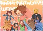  &gt;_&lt; ahoge asari_nanami bangs blood blue_eyes blue_hair blue_jacket brown_hair business_suit closed_eyes enuma_(uma-festival) fish_hair_ornament formal green_sweater hair_bun hair_ornament happy_birthday hino_akane_(idolmaster) idolmaster idolmaster_cinderella_girls jacket kamiya_nao kusakabe_wakaba long_skirt long_sleeves nanjou_hikaru necktie nosebleed oohara_michiru open_mouth orange_background orange_jacket p-head_producer pink_skirt ponytail red_ribbon red_shirt ribbon shirt sidelocks skirt smile striped striped_shirt suit sweater thick_eyebrows throwing wakiyama_tamami wavy_hair white_shirt 