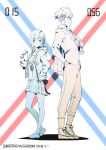  1girl absurdres artist_name charm_(object) clothes_writing collared_shirt contrapposto darling_in_the_franxx dated eyebrows_visible_through_hair glasses gorgeous_mushroom gorou_(darling_in_the_franxx) hair_ornament hairclip hand_up height_difference highres ichigo_(darling_in_the_franxx) limited_palette looking_at_viewer necktie pants pleated_skirt popped_collar profile revision shirt shoes short_hair skirt smile standing watch wing_collar wristwatch 