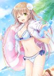  ;d bad_revision bikini blue_bikini blue_sky blue_stripes bottle breasts brown_hair cleavage cloud cowboy_shot day flower frilled_bikini frills green_eyes hair_flower hair_ornament highres innertube jacket long_hair looking_at_viewer md5_mismatch medium_breasts moe2018 mono_lith one_eye_closed open_mouth original outdoors pink_innertube ramune revision side-tie_bikini sky smile solo striped swimsuit vertical-striped_bikini vertical_stripes white_jacket white_stripes 