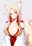  ? animal_ears bangs blonde_hair blush breasts cleavage closed_mouth dated drop_shadow eyebrows_visible_through_hair fox_ears fox_tail grey_background hair_tubes hakama head_tilt huge_breasts japanese_clothes kimono konshin long_hair looking_at_viewer original parted_bangs red_eyes red_hakama signature simple_background smile solo tail tail_raised upper_body 